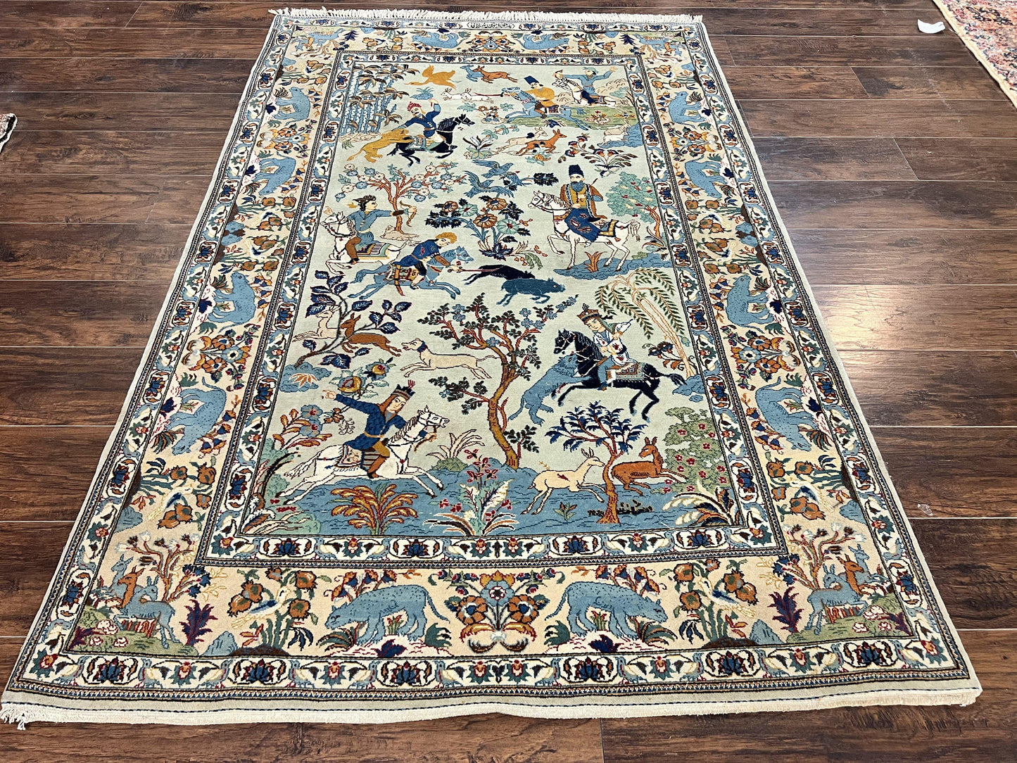 Persian Kashan Pictorial Rug 4.6 x 7, Hunting Scene, SIgned by Masterweaver, Animal Pictorials, Rare, Handmade, Wool, Vintage, Very Fine