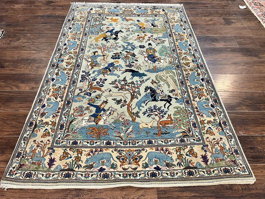 Persian Kashan Pictorial Rug 4.6 x 7, Hunting Scene, SIgned by Masterweaver, Animal Pictorials, Rare, Handmade, Wool, Vintage, Very Fine