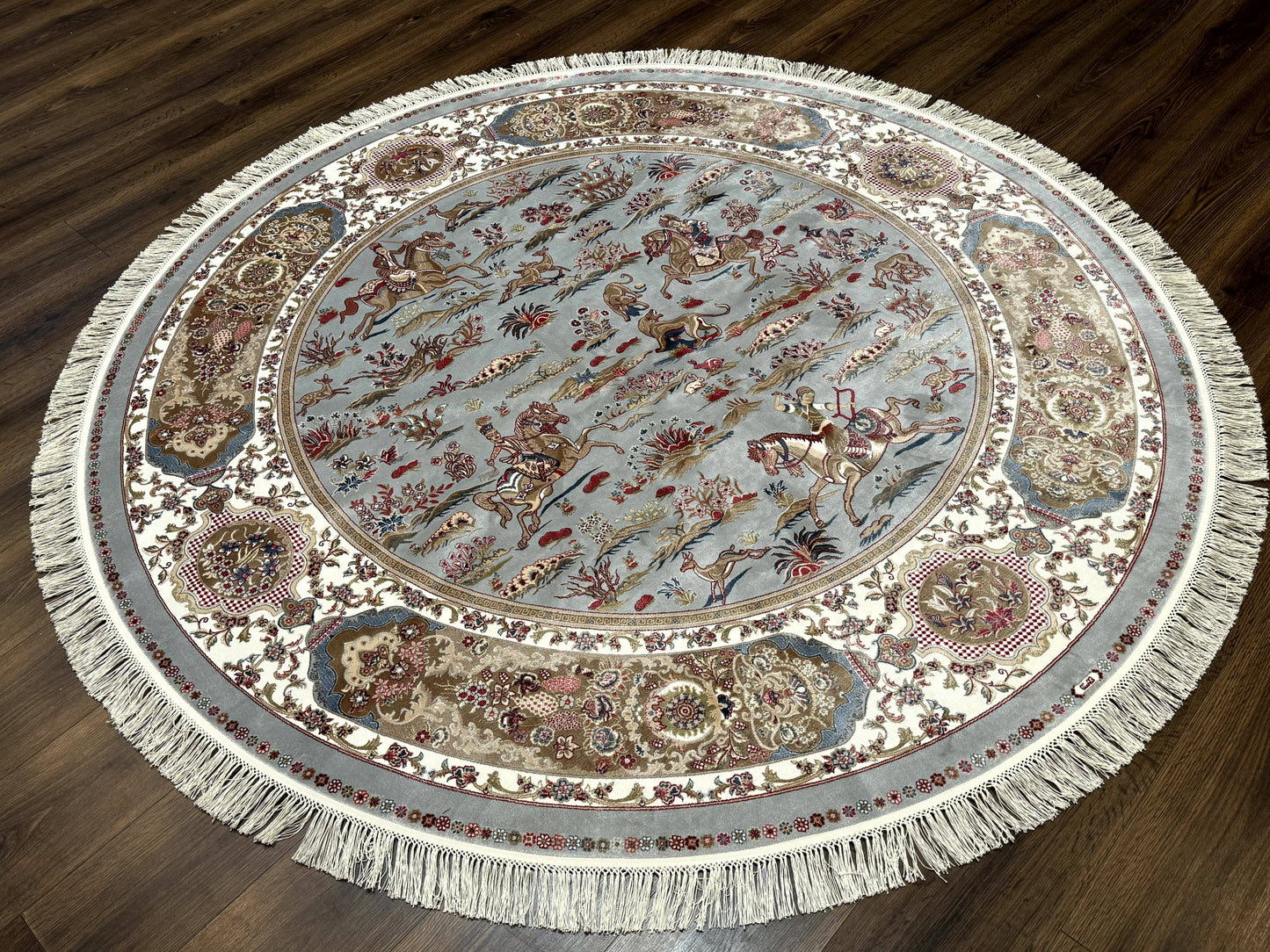 Round Silk Rug 6x6, Hunting Design, Bamboo Silk, Animal Pictorials