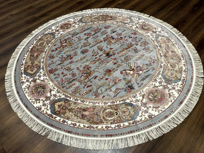 Round Silk Rug 6x6, Hunting Design, Bamboo Silk, Animal Pictorials