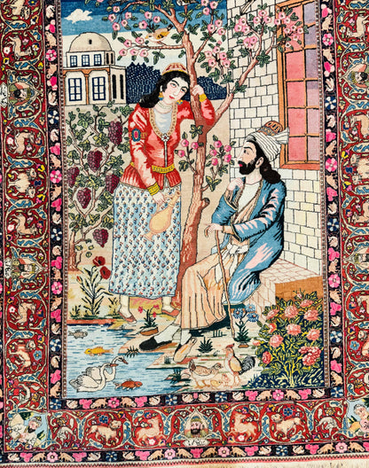 Wonderful Persian Kashan Pictorial Rug 4.7 x 6.5, Persian Rug for Wall Hanging, Handmade Antique Wool Carpet Animal Motifs Poetry Lovers, 240 KPSI