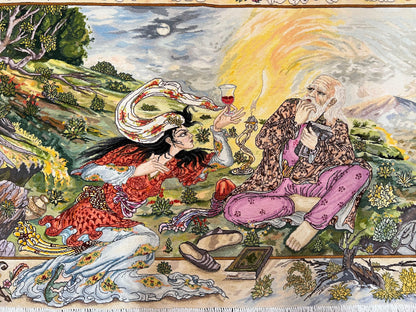 Persian Tabriz Pictorial Rug 5x3, Hafez Poetry In Border, Very Fine Hand Knotted Carpet, Wall Hanging Wool Oriental Carpet 3x5, Highly Detailed