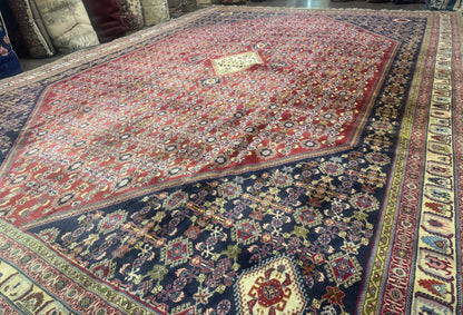 Palace Size Persian Shiraz Rug 13x19, Tribal Rug, Herati Pattern, Brick Red Navy Blue Beige, Oversized Persian Wool Area Rug, Extra Large