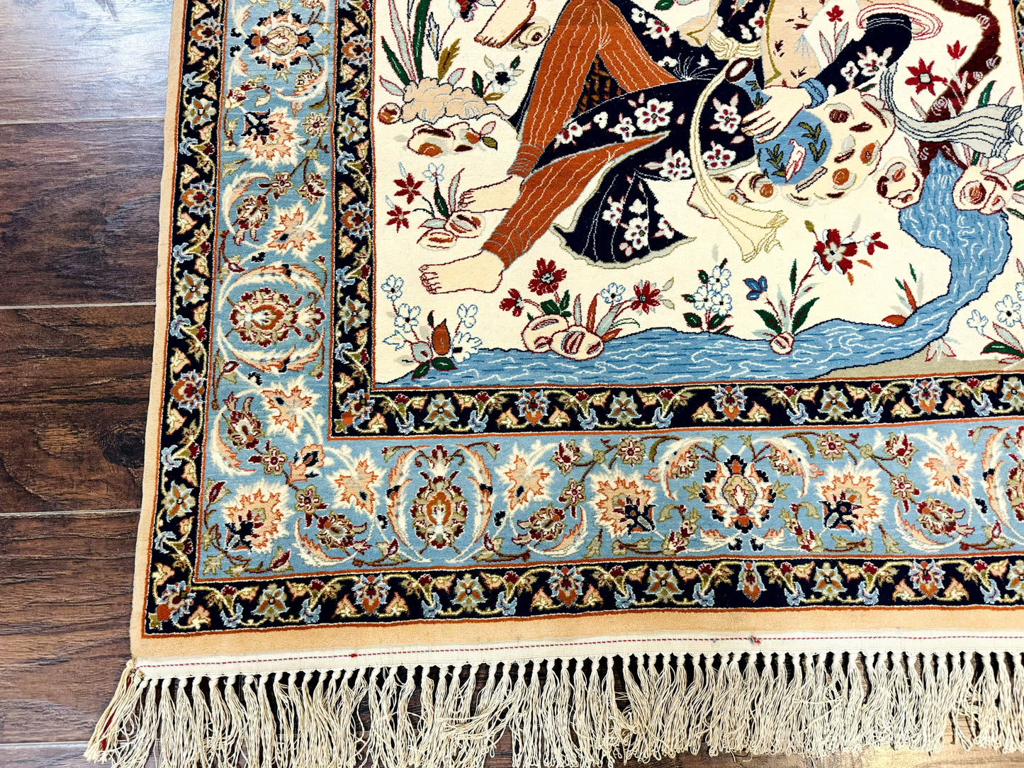 Persian Isfahan Pictorial Rug, Two Lovers, Kork Wool on Silk Foundation, Ivory and Light Blue, 500 KPSI Super Fine