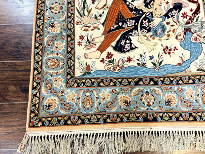 Persian Isfahan Pictorial Rug, Two Lovers, Kork Wool on Silk Foundation, Ivory and Light Blue, 500 KPSI Super Fine