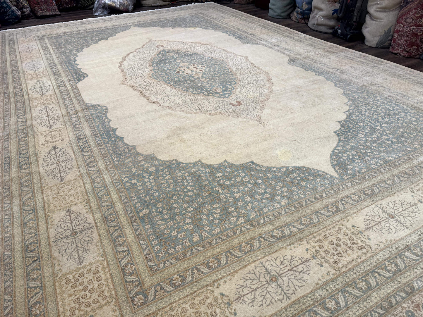 Palace Size Pak Persian Rug 12x18, Haji Jalili Design, Pakistani Carpet, Oat and Light Blue, Fine 260 KPSI
