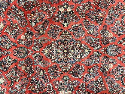 Square Persian Sarouk Rug 11x11 ft, Rare Size, Hand Knotted Wool Floral Allover Red Persian Carpet, Handmade Antique Rug