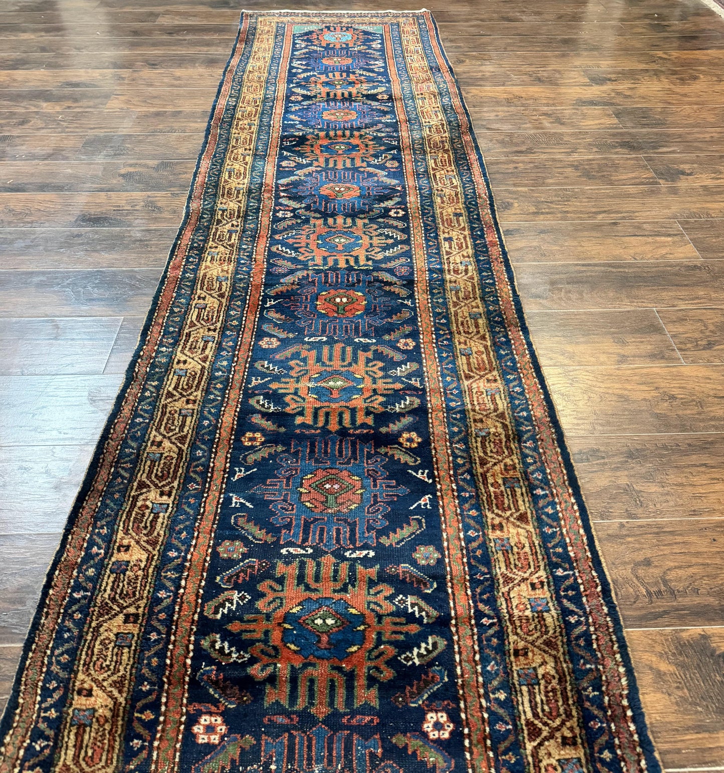 Antique Persian Sarab Runner 3x17, Blue Persian Runner Rug, Long Handmade Wool Carpet for Hallway, Rare, Tribal