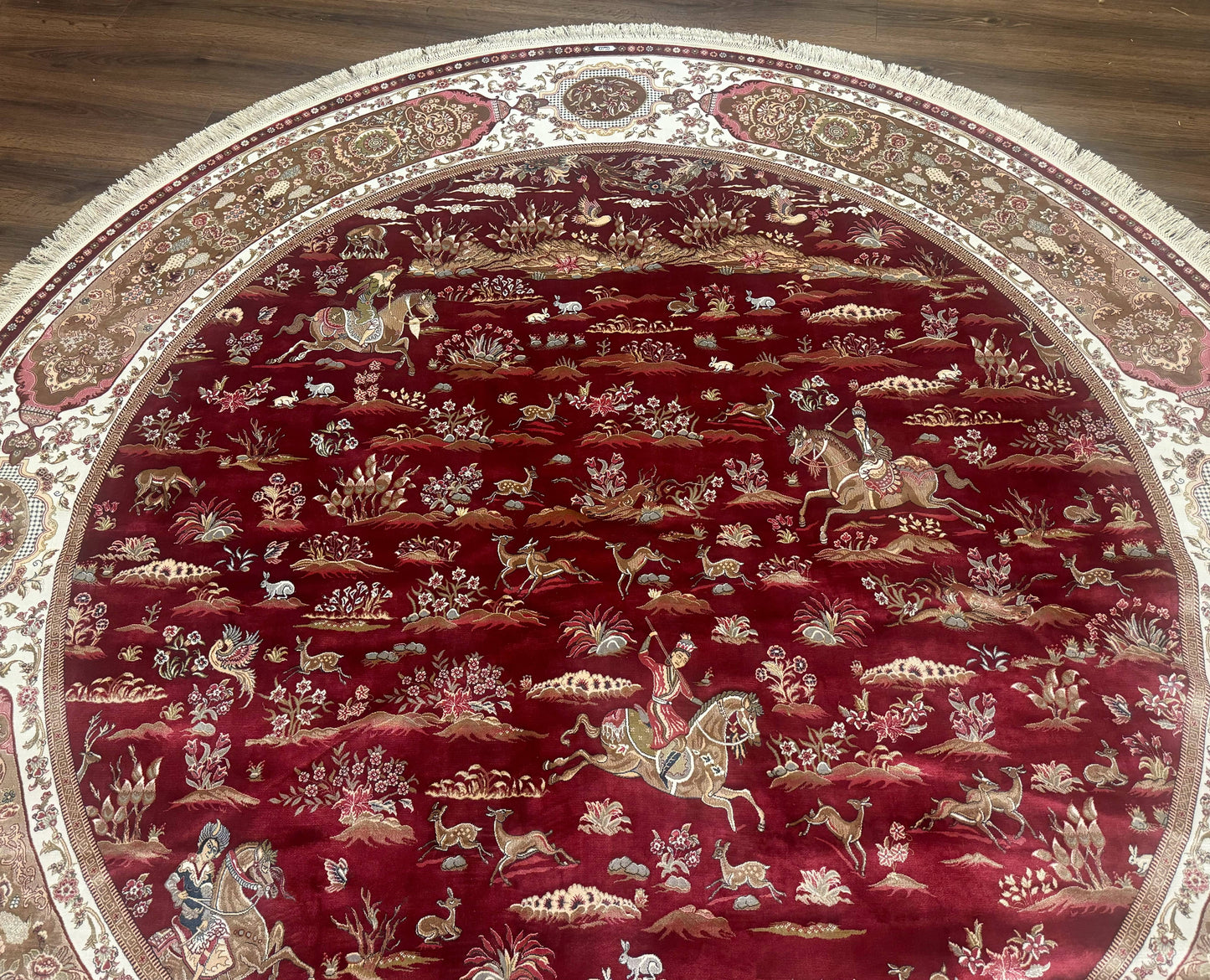 Large Round Turkish Silk Rug 8x8, Hunting Design, Dark Red & Ivory, Bamboo Silk