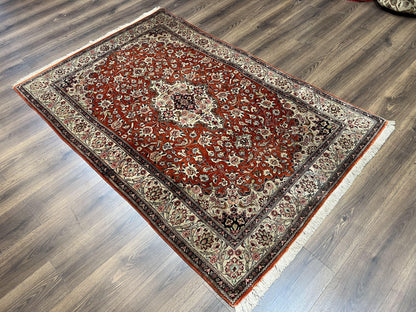 Persian Qum Silk Rug 5x7 - Floral Medallion, Birds, Orange-Red