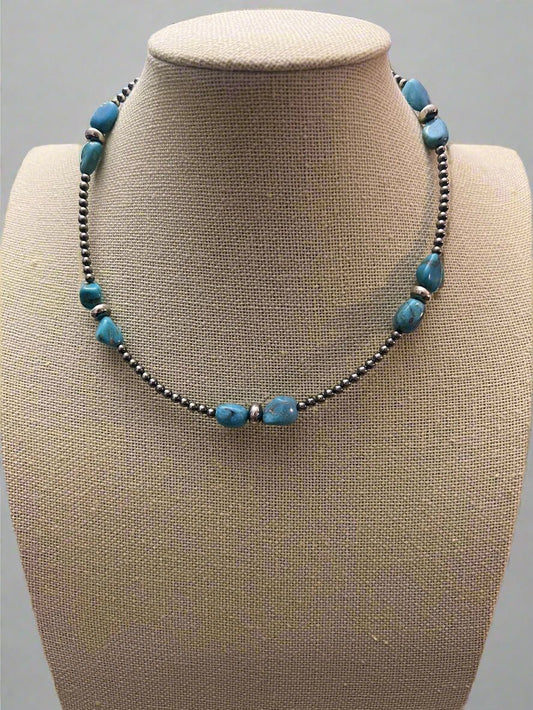 Naszyjnik choker z pereł ze srebra próby 925 o średnicy 3 mm z niebieskim turkusem - 14 cali