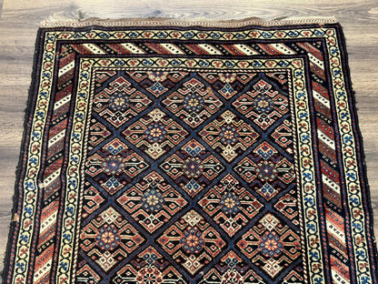 Antique Persian Wide Runner Rug 4x9, Kurdish Rug, Panel Design, Rainbow Border, Rare Tribal Rug