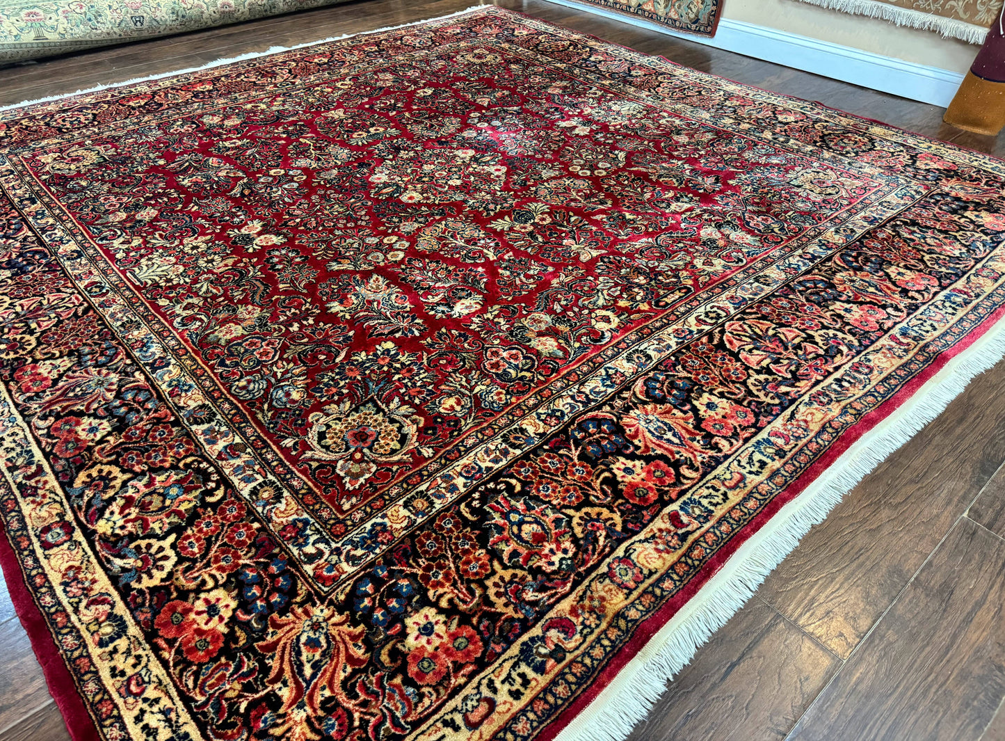 Persian Sarouk Rug 10x10, Square Persian Carpet, Red, Floral, Antique