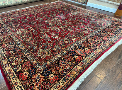 Persian Sarouk Rug 10x10, Square Persian Carpet, Red, Floral, Antique