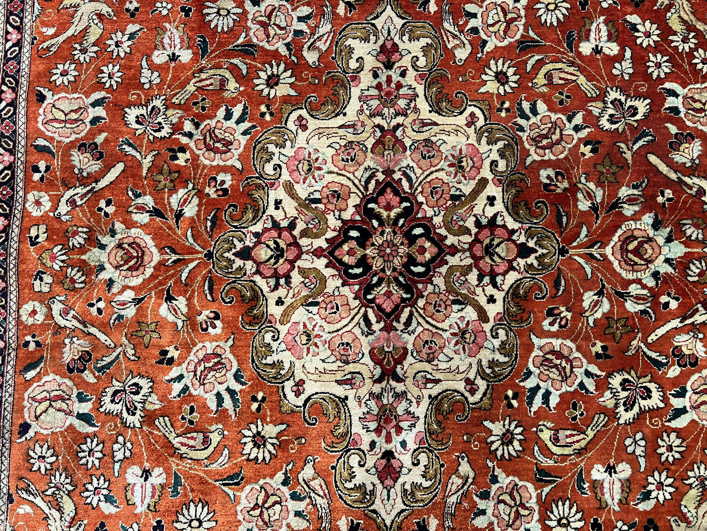 Persian Qum Silk Rug 5x7 - Floral Medallion, Birds, Orange-Red