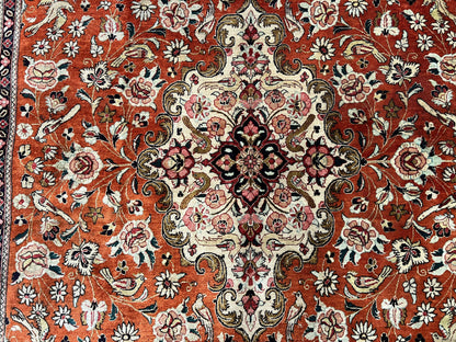Persian Qum Silk Rug 5x7 - Floral Medallion, Birds, Orange-Red