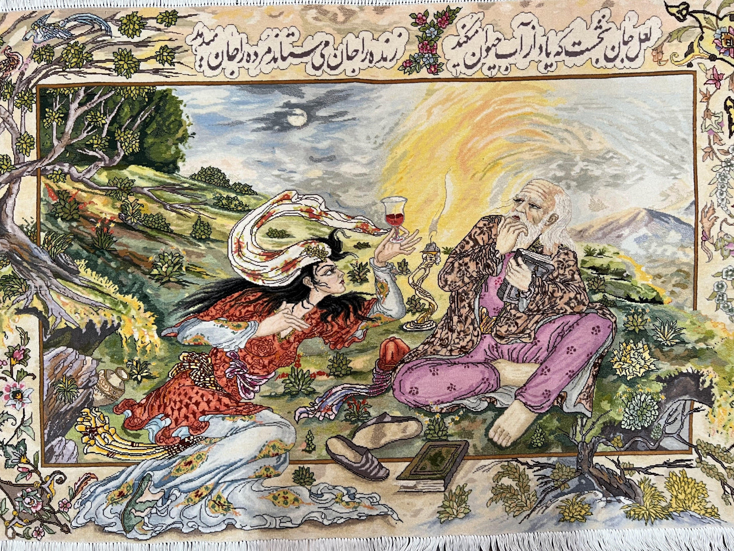 Persian Tabriz Pictorial Rug 5x3, Hafez Poetry In Border, Very Fine Hand Knotted Carpet, Wall Hanging Wool Oriental Carpet 3x5, Highly Detailed