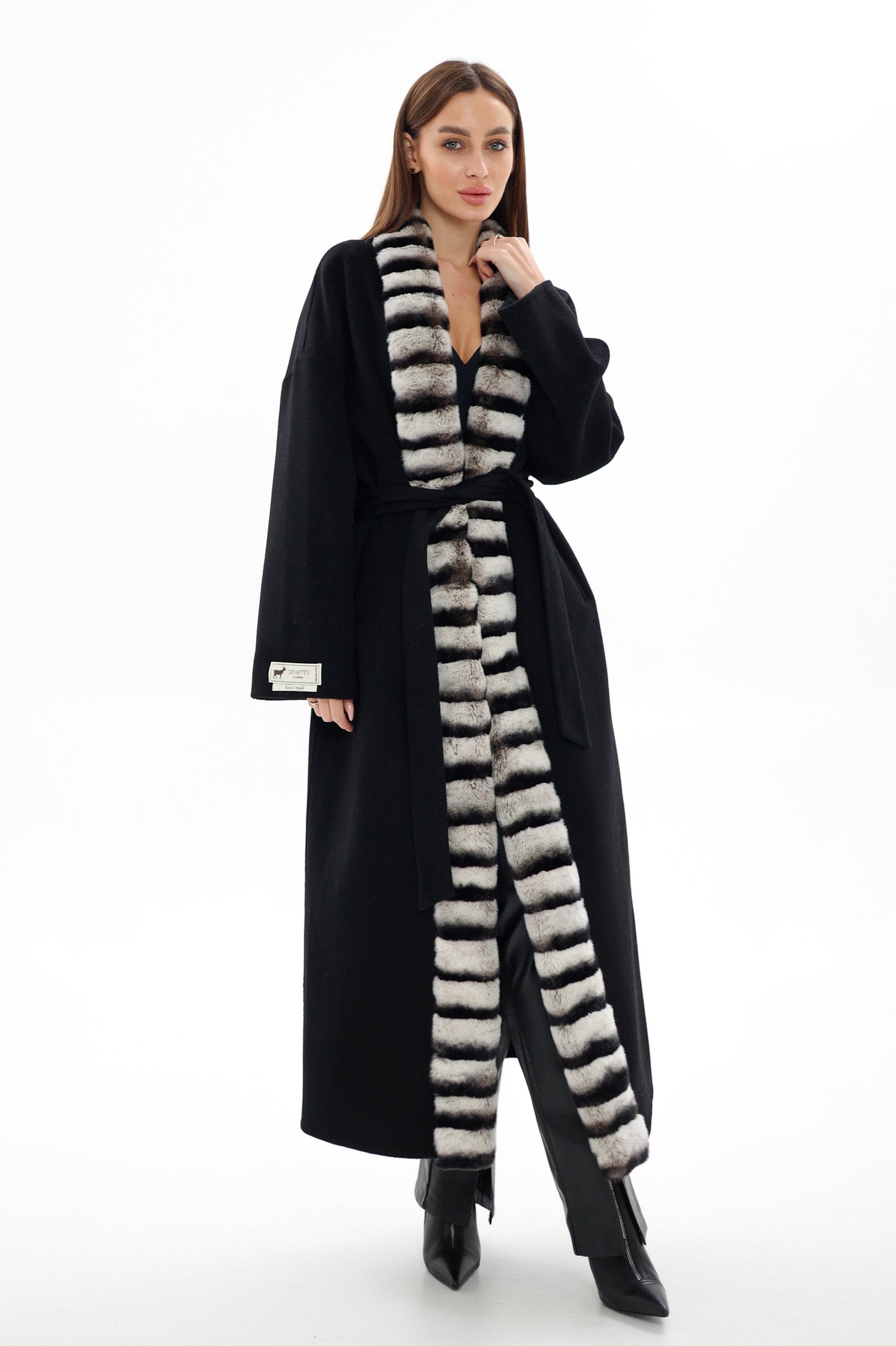 Genuine  French Orylag Fur Italian Cashmere Wool Coat 130cm