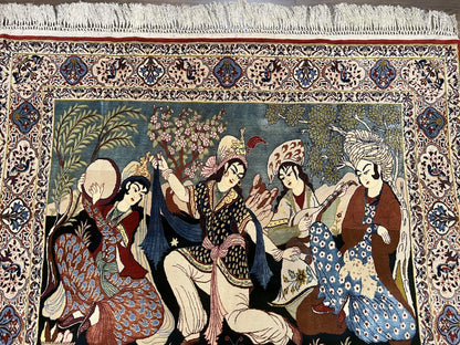 Persian Pictorial Rug 5 x 4 ft, Persian Isfahan Rug, Kork Wool on Silk Foundation, Signature from Master Weaver, Drums and Musical Instruments, Birds, Detailed