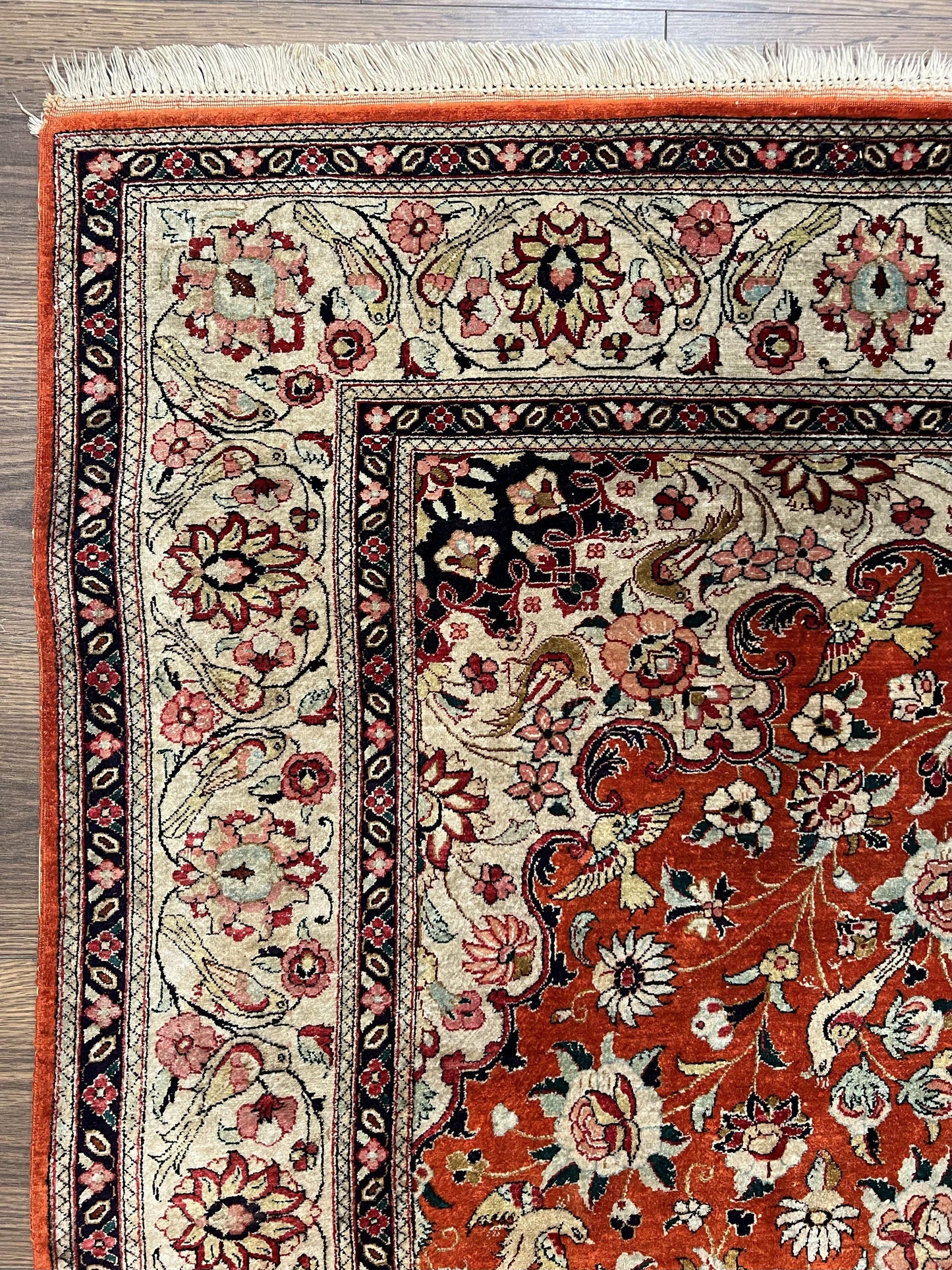 Persian Qum Silk Rug 5x7 - Floral Medallion, Birds, Orange-Red