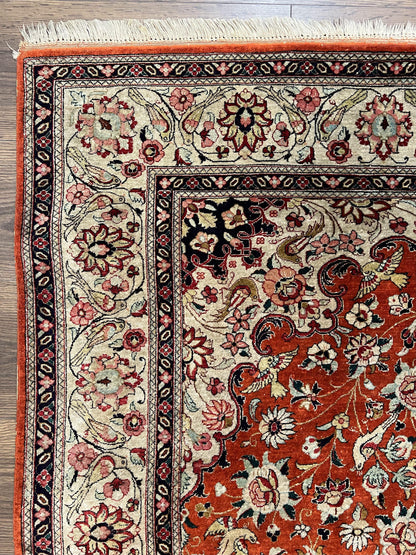 Persian Qum Silk Rug 5x7 - Floral Medallion, Birds, Orange-Red