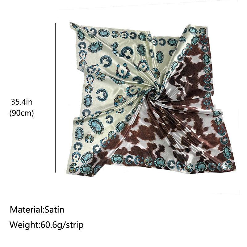 Western Style Cow Pattern Turquoise Scarf – Elegant Cowgirl Accessory