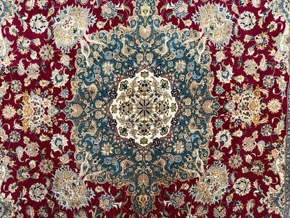 Stunning Persian Tabriz Rug 5x7, Signed by Masterweaver, Maroon, Floral Medallion, Ultra Fine 70 Raj 625 KPSI, Kork Wool Silk Foundation, Handmade