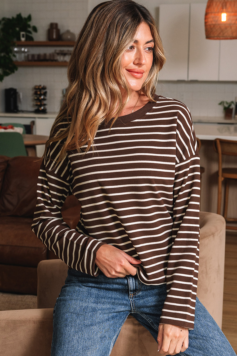 Ember Stripe Geripptes Kurzgeschnittenes Rundhals-Top