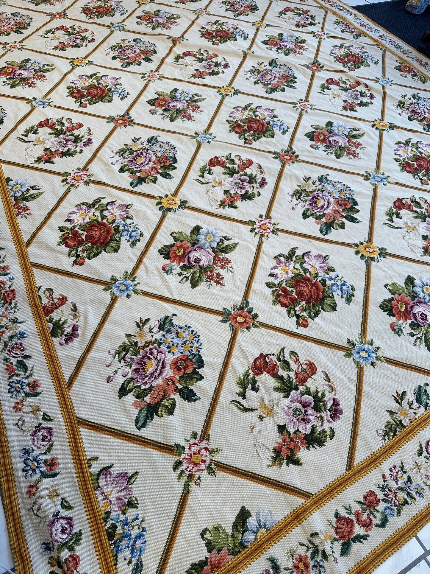 Handmade Needlepoint Floral Wool Rug – 9' 7" x 13' 5" – Vintage European Tapestry Style
