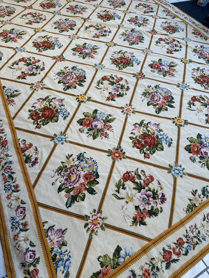 Handmade Needlepoint Floral Wool Rug – 9' 7" x 13' 5" – Vintage European Tapestry Style