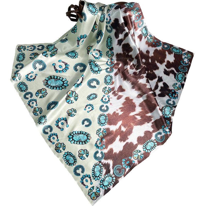 Western Style Cow Pattern Turquoise Scarf – Elegant Cowgirl Accessory