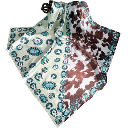 Western Style Cow Pattern Turquoise Scarf – Elegant Cowgirl Accessory