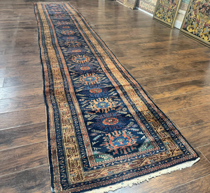 Antique Persian Sarab Runner 3x17, Blue Persian Runner Rug, Long Handmade Wool Carpet for Hallway, Rare, Tribal