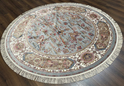 Round Silk Rug 6x6, Hunting Design, Bamboo Silk, Animal Pictorials