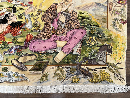 Persian Tabriz Pictorial Rug 5x3, Hafez Poetry In Border, Very Fine Hand Knotted Carpet, Wall Hanging Wool Oriental Carpet 3x5, Highly Detailed