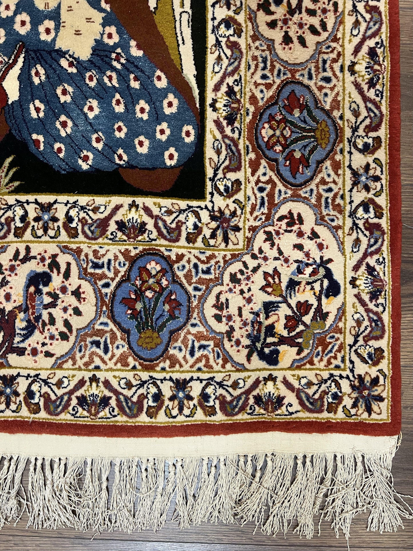 Persian Pictorial Rug 5 x 4 ft, Persian Isfahan Rug, Kork Wool on Silk Foundation, Signature from Master Weaver, Drums and Musical Instruments, Birds, Detailed