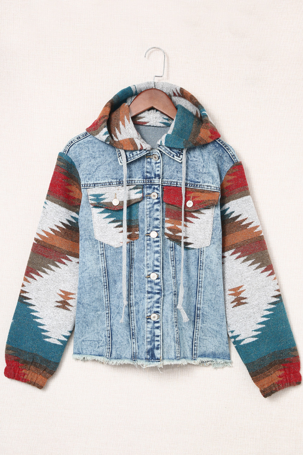 Sierra Vista Multi-Color Frayed Hem Denim Hoodie