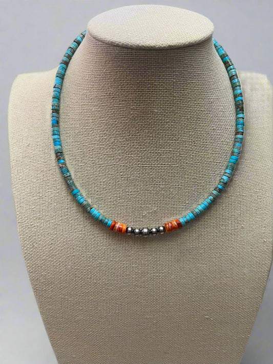 Perły srebrne 4mm, turkus variscite i ostryga kolczasta - żywy choker