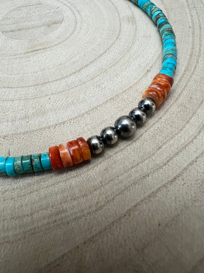 Perły srebrne 4mm, turkus variscite i ostryga kolczasta - żywy choker