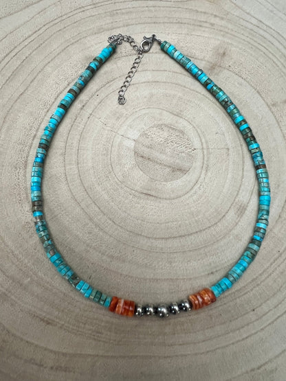 Perły srebrne 4mm, turkus variscite i ostryga kolczasta - żywy choker