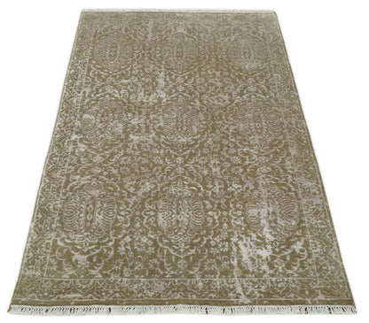 4x6 Fine Hand Knotted Olive and Silver Traditional Vintage Persian Style Antique Wool and SIlk Rug | AGR16