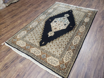 Persian Silk Qum Rug, Silk on Silk, Black Golden Brown and Beige, Hand-Knotted, 3'6" x 5' 5"