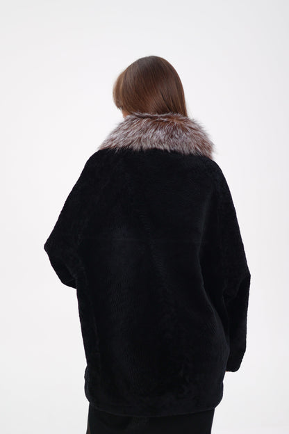 Genuine Shearling Silver Fox Trim Jacket