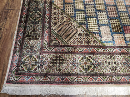 Sino-persisk silketeppe 6,4 x 9,9, svært fint håndknyttet teppe, paneldesign i flere farger, silketuster på silkebase, håndlaget vintage