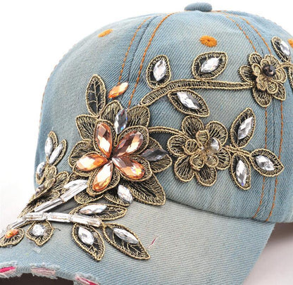 Cowgirl's Diamond Embroidery Flower Baseball Cap