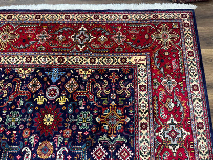 Large Persian Tabriz Rug 10x16, Navy Blue and Red, Allover Pattern, Vintage Hand Knotted Wool Carpet