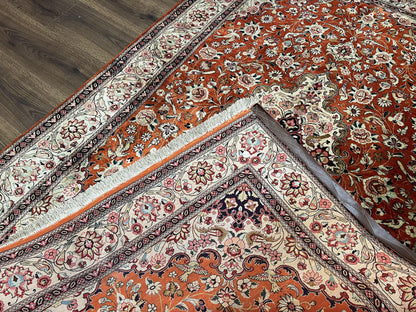 Persian Qum Silk Rug 5x7 - Floral Medallion, Birds, Orange-Red