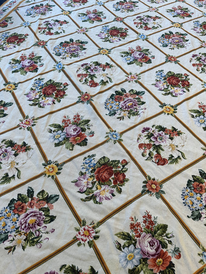 Handmade Needlepoint Floral Wool Rug – 9' 7" x 13' 5" – Vintage European Tapestry Style