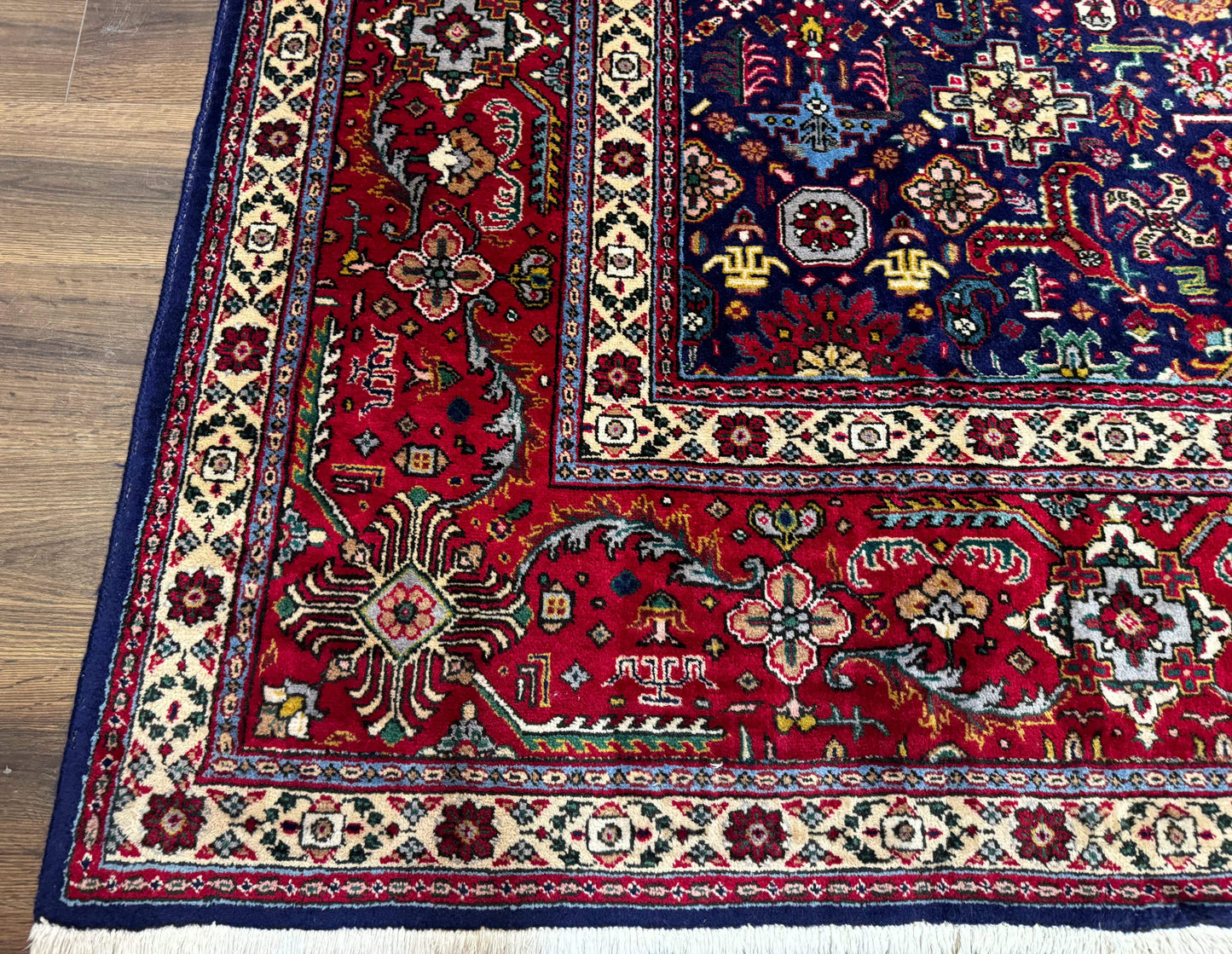 Large Persian Tabriz Rug 10x16, Navy Blue and Red, Allover Pattern, Vintage Hand Knotted Wool Carpet