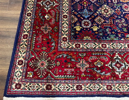 Large Persian Tabriz Rug 10x16, Navy Blue and Red, Allover Pattern, Vintage Hand Knotted Wool Carpet